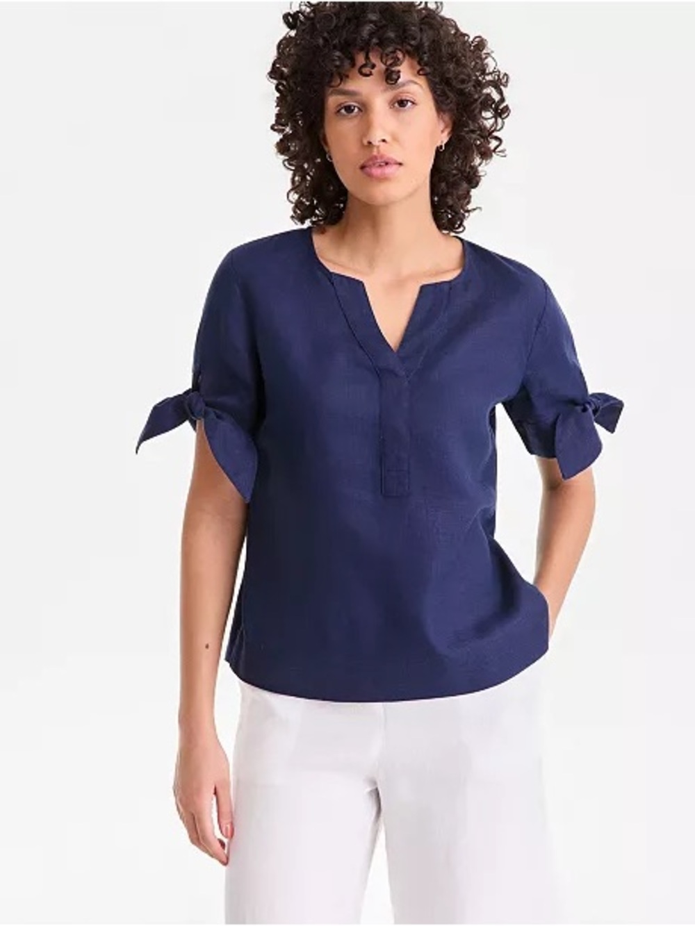 Charter Club 100% Linen Split-Neck Tie-Cuff Top Navy Blue sz XL